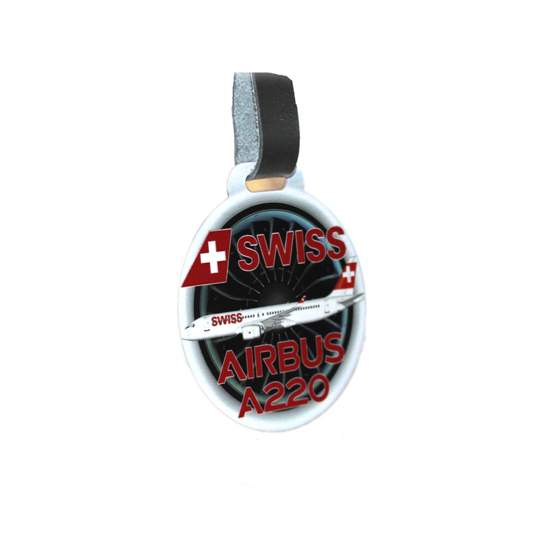 Metal Baggage Tag Keyring SWISS Airbus A220 (metal plate w. leather strap)