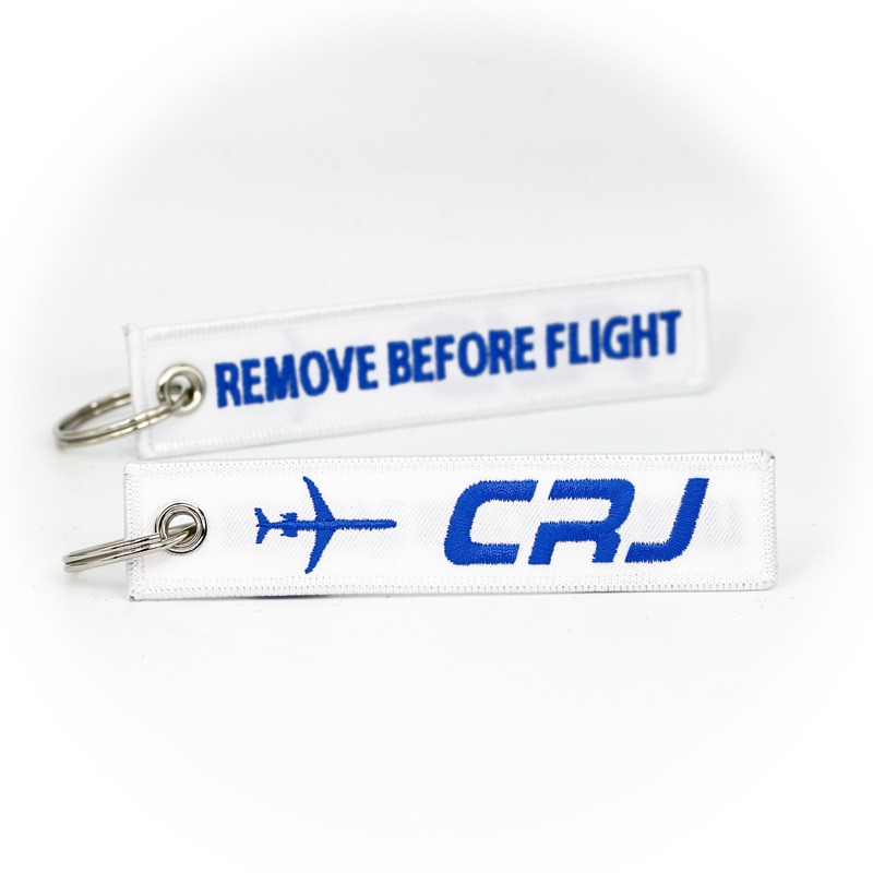 Keyring Bombardier Canadair Jet / Remove Before Flight (white)